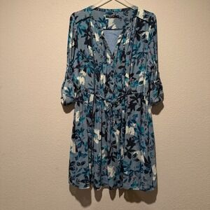 Portmans Blue Floral Roll Tab Sleeve Mini Dress Size 16 Button Front Boho Teal